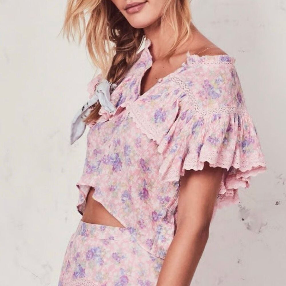 LOVESHACKFANCY Lanya Cherry Top Large Ruffle White Pink Embroidered Pink Tuscany